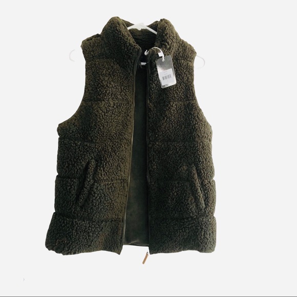 PJ Salvage NEW Cozy Olive Green Zip Sherpa Vest with Pockets Size Small - Picture 4 of 13